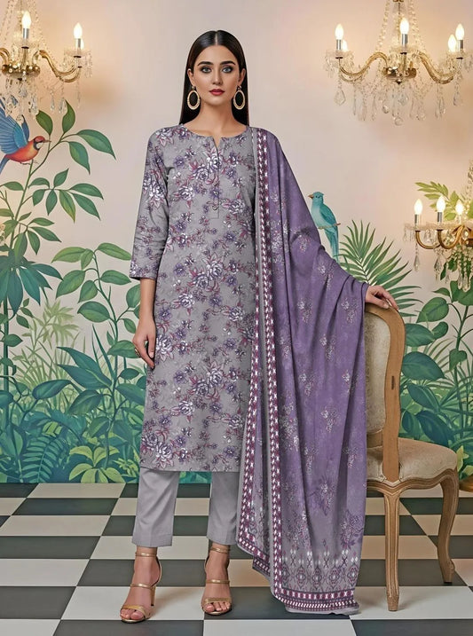3 Pcs Women Grey Printed Lawn Suit with Dupatta