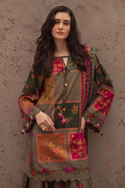 Brown Printed Lawn 3 Pcs Women Suit Set