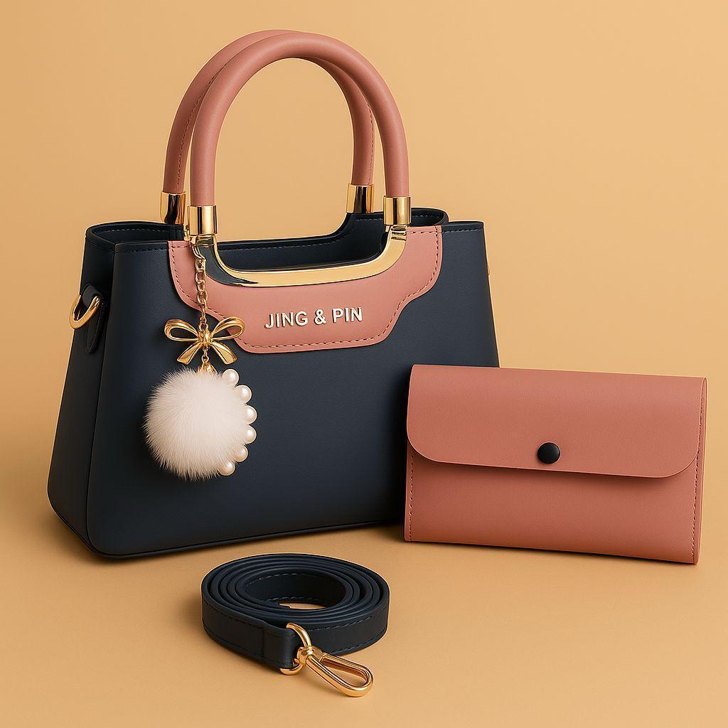 Chic 2-Piece Rexine Handbag Set Pink with Top Handle