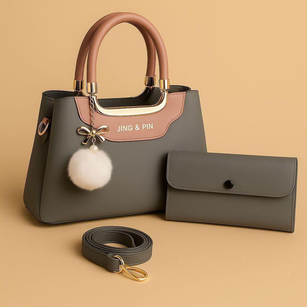 Chic 2-Piece Rexine Handbag Set Pink with Top Handle