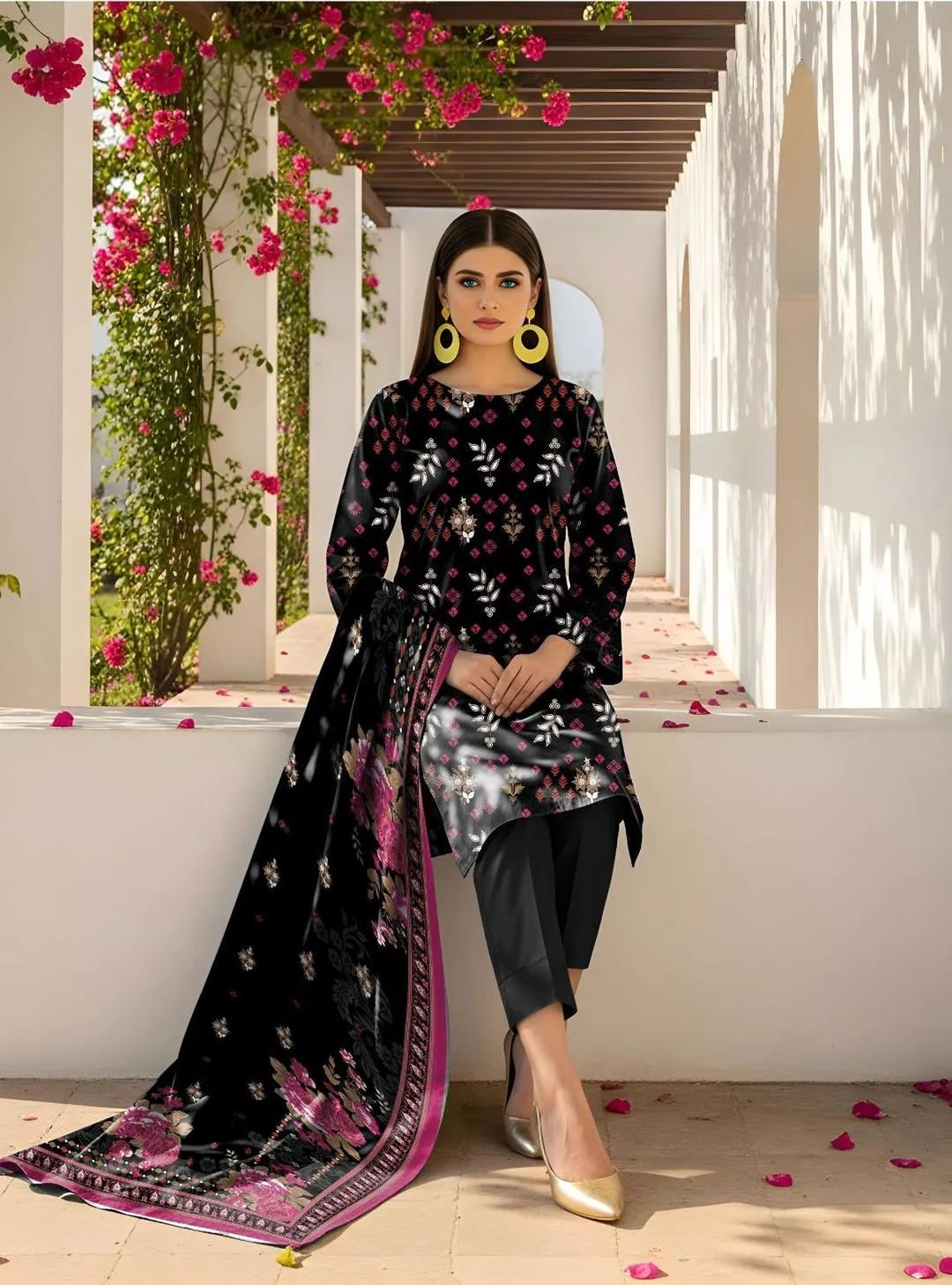 3 Pcs Women Black Printed Lawn Suit Set with Dupatta