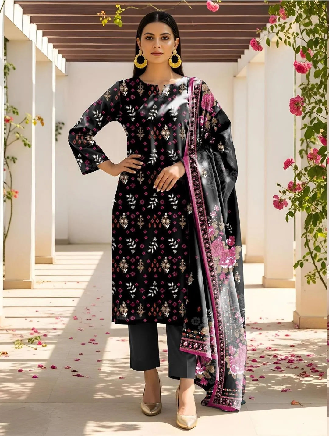 3 Pcs Women Black Printed Lawn Suit Set with Dupatta