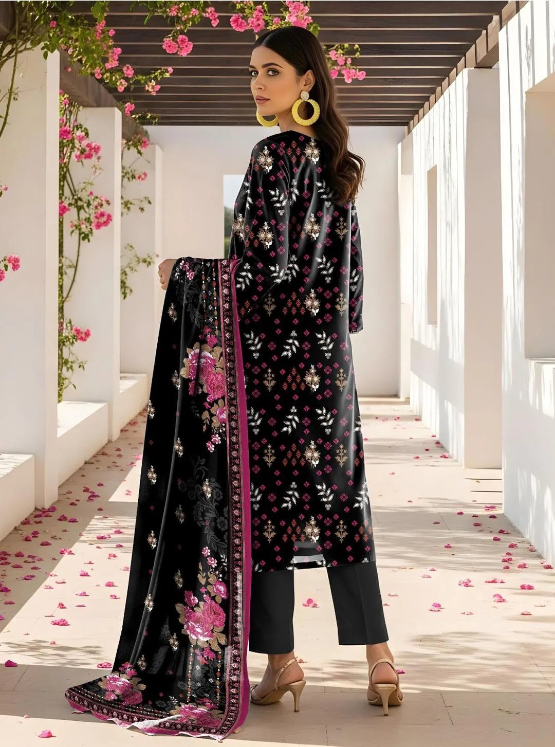 3 Pcs Women Black Printed Lawn Suit Set with Dupatta