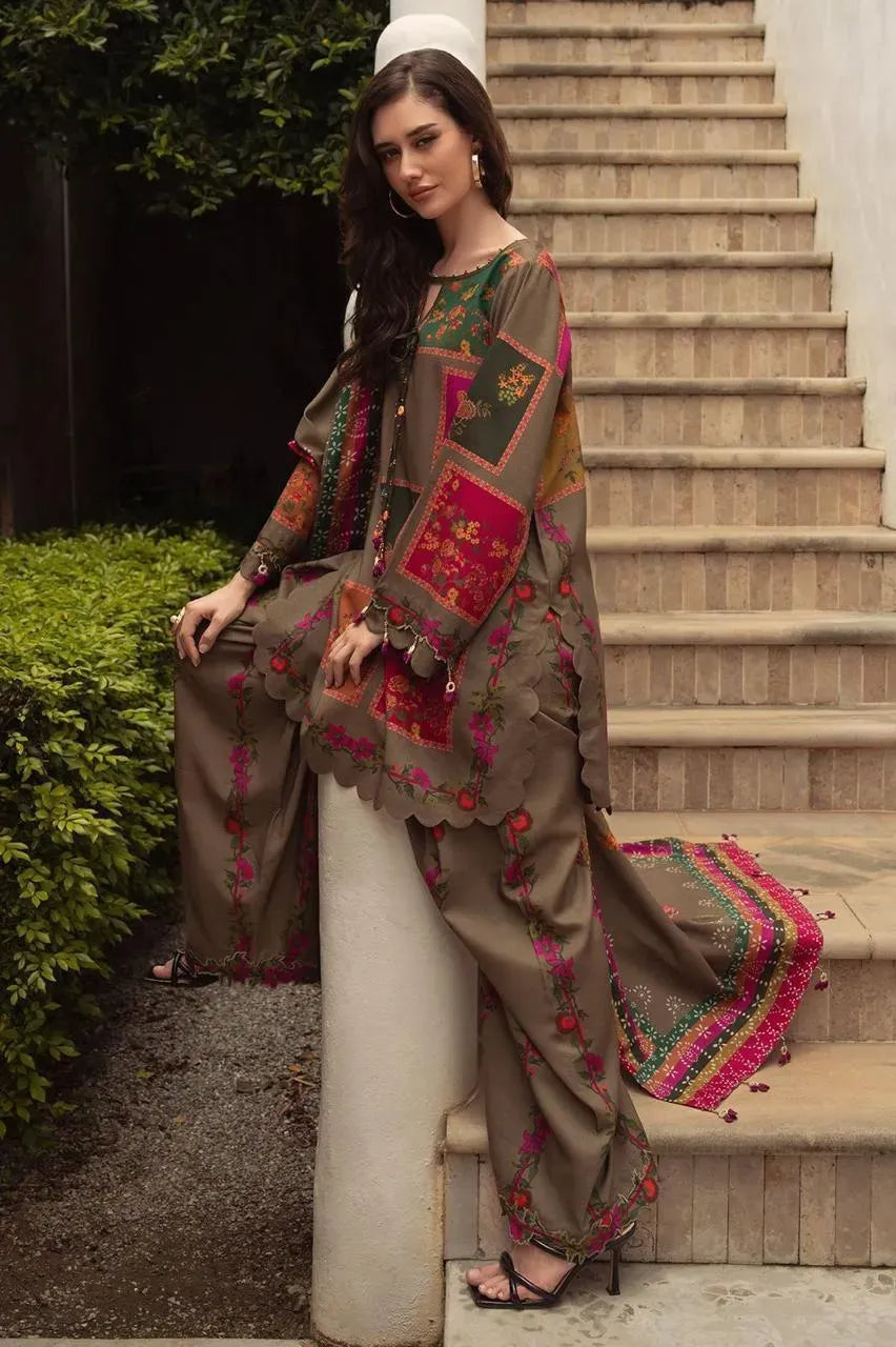 Brown Printed Lawn 3 Pcs Women Suit Set